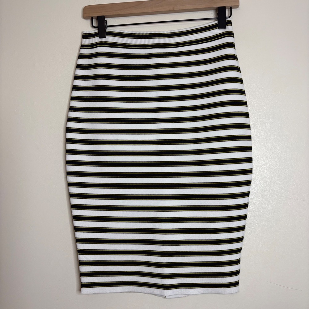 A.L.C. Striped Pencil Skirt Black White Yellow Knit Midi Size Small